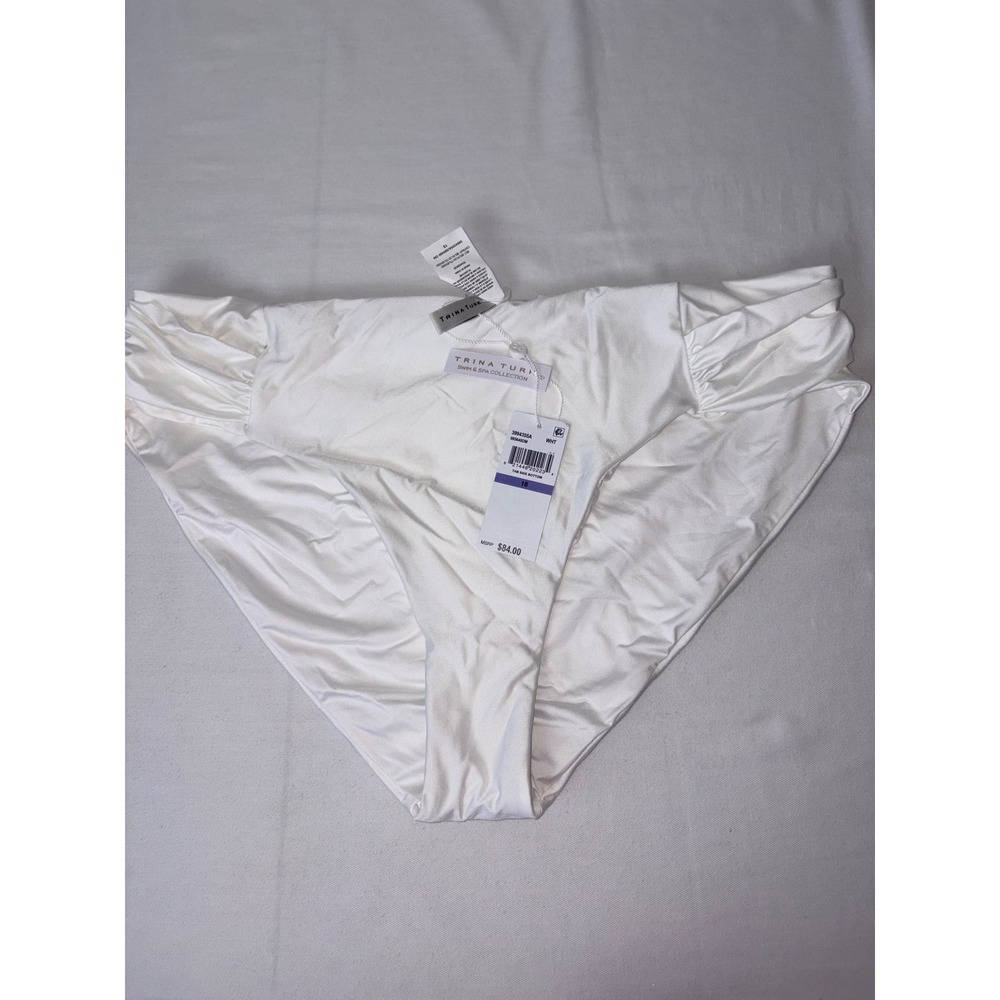 Trina Turk White Tab Side Bikini‎ Bottom Shirred Swim Brief  Size 16 New